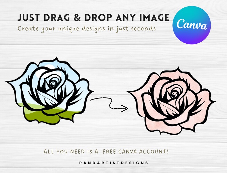 May include: A graphic design tutorial showing how to use Canva to create unique designs by dragging and dropping images. The image shows a black and white rose with a blue sky and green grass background being transformed into a pink rose with a white background.