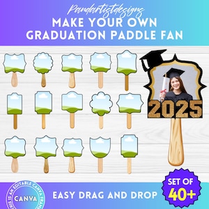 May include: A set of 40+ printable graduation paddle fan templates. The templates feature various shapes and designs, including a graduation cap, a landscape scene, and a blank space for a photo. The text "2025" is featured on one of the templates. The text "Easy Drag and Drop" is featured at the bottom of the image.