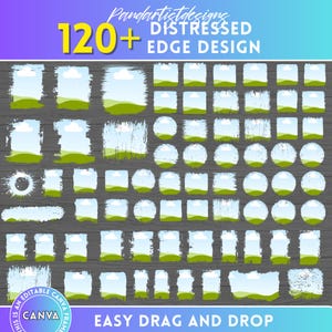 Könnte beinhalten: Ein digitales Design-Set mit über 120 Designs mit Distressed-Kanten. Jedes Design zeigt eine Landschaftsszene mit blauem Himmel, weißen Wolken und grünen Hügeln. Der Text lautet "Pandartistdesigns", "120+ Distressed Edge Design", "This is an editable Canva frame" und "Easy Drag and Drop".
