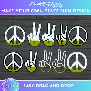 May include: A set of eight peace sign and hand gesture graphics in a variety of colors, including green, blue, and white. The graphics are designed to be used in a digital design program, such as Canva, and can be easily dragged and dropped into a design.