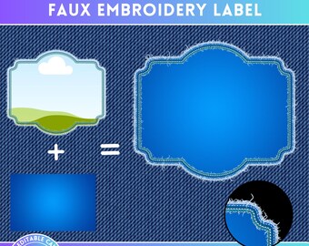 Digitales Stichetikett PNG, Faux-Stickerei-Applikation, einfaches Ziehen und Ablegen, Duotone bearbeitbare Canva-Rahmenvorlage Textur, Tags bearbeiten Banner PNG
