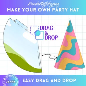 Puede incluir: Una plantilla de gorro de fiesta imprimible con una función de diseño de arrastrar y soltar. La plantilla es de forma cónica con un diseño verde, azul y blanco. El gorro terminado se muestra con un diseño ondulado rosa, amarillo y azul.