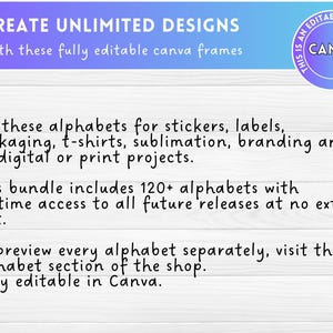 May include: Image with text: "CREATE UNLIMITED DESIGNS With these fully editable canva frames." Includes alphabets for stickers, labels, packaging, t-shirts, sublimation, branding, and digital projects. Bundle includes 120+ alphabets with lifetime access.
