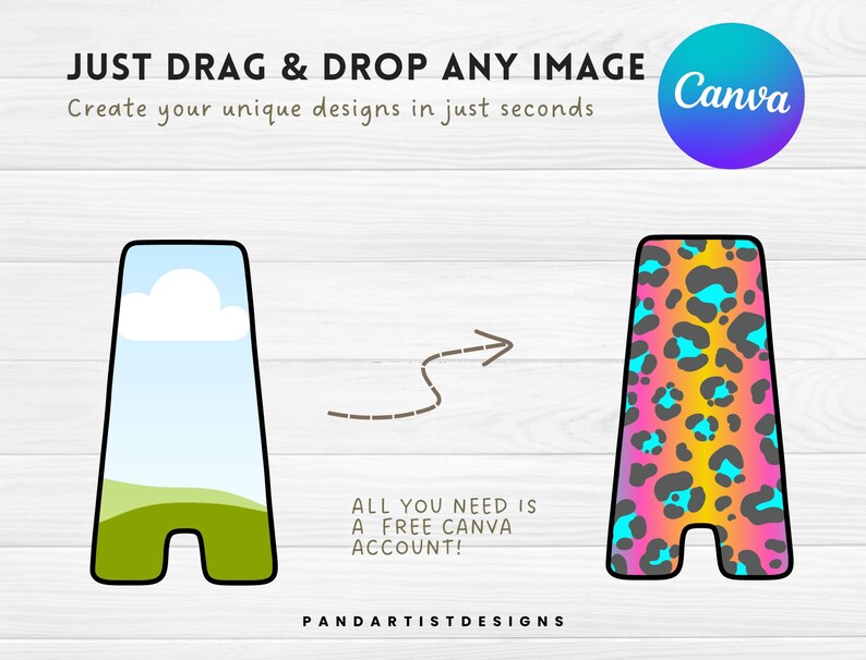 May include: A graphic showing how to use Canva to create unique designs. The image shows a simple letter "A" with a sky and grass design. An arrow points to the right, showing the letter "A" transformed into a letter with a leopard print design. The text reads "Just drag & drop any image. Create your unique designs in just seconds. All you need is a free Canva account!"