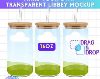 16oz Clear Glass Can Mockup, Libbey Glass Can Editable Canva Template, Sipper Glass Mockup, Canva Frame Bundle, Drag and Drop, Transparent