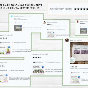 May include: A collage of customer reviews for Canva letter frames. The reviews are positive and include images of the frames being used in different projects. The text in the reviews includes phrases like "Fill your own Uppercase Doodle Font Letters PNG Editable Canva" and "Used to make a custom Grandma tee!"