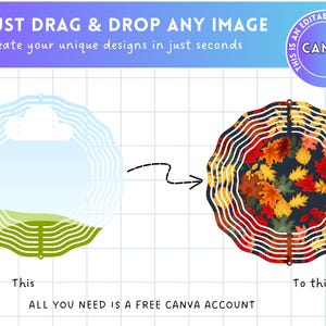 May include: An image demonstrating a design process using Canva. The image shows a before-and-after comparison of a circular design. The "before" design is a blue and green outline, and the "after" design features autumn leaves. Text includes "JUST DRAG & DROP ANY IMAGE" and "ALL YOU NEED IS A FREE CANVA ACCOUNT."