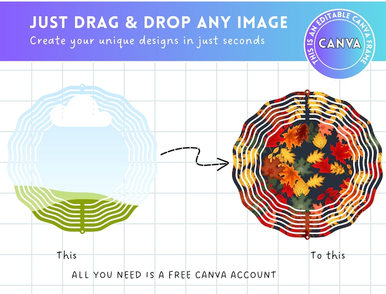 May include: An image demonstrating a design process using Canva. The image shows a before-and-after comparison of a circular design. The "before" design is a blue and green outline, and the "after" design features autumn leaves. Text includes "JUST DRAG & DROP ANY IMAGE" and "ALL YOU NEED IS A FREE CANVA ACCOUNT."