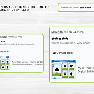 May include: Two Etsy customer reviews for a digital download of printable ace playing cards. The reviews are both five stars and include positive comments about the product. The first review says "Lovely template, exactly what I was looking for." The second review says "Works as expected. Very good."