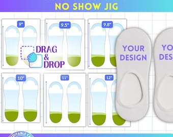 May include: A graphic featuring a "No Show Jig" design with various sizes from 9" to 12". The design includes a "Drag & Drop" element and the text "Your Design" on a white sock. The text "Make Your Own" and "2 Sizes Available" are also present.