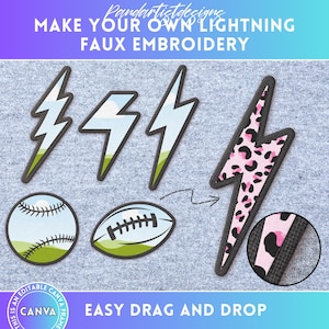 Digital Stitch Lightning Bolt PNG, Faux Embroidery Applique, Drag and Drop, Duotone Edit Canva Frame Template Baseball Football Game Day PNG