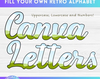 May include: A digital download of a retro alphabet in Canva format. The letters are outlined in black and filled with a blue sky and green grass design. The text "Canva Letters" is displayed in the image.