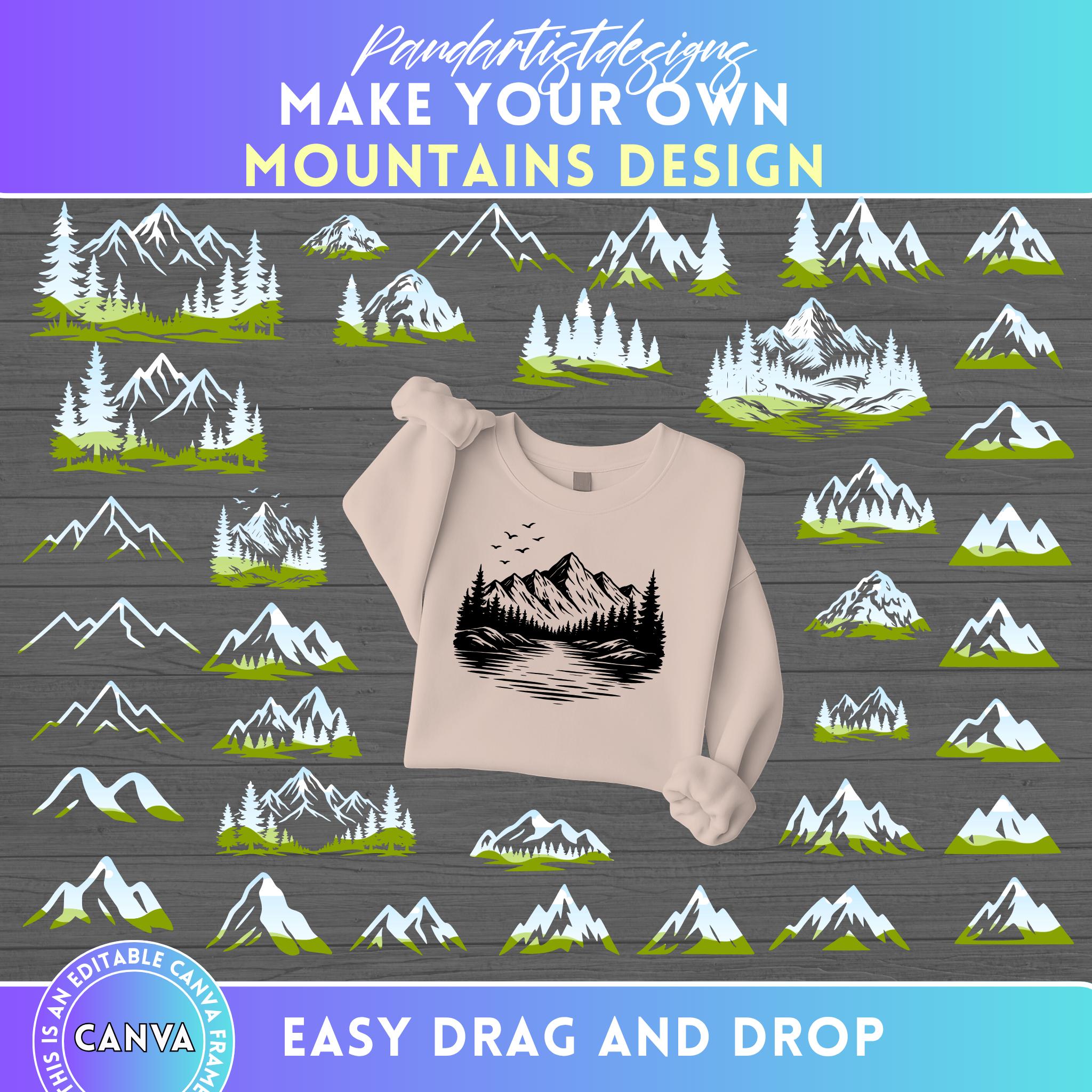 Mountains Mega Bundle, Hand Drawn Landscape, Forest Tree Design, Outdoors Adventure, Custom Canva Frame, Drag & Drop, Sublimation Template