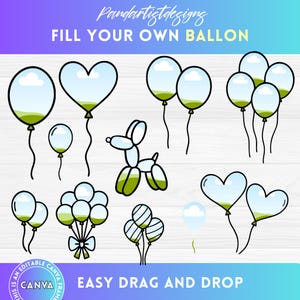 Könnte beinhalten: Digitale Illustrationen von Ballons in verschiedenen Formen, darunter Herzen und ein Ballon-Tier. Die Ballons haben ein blaues Himmel- und grünes Landschaftsdesign. Der Text lautet "FILL YOUR OWN BALLON" und "EASY DRAG AND DROP".