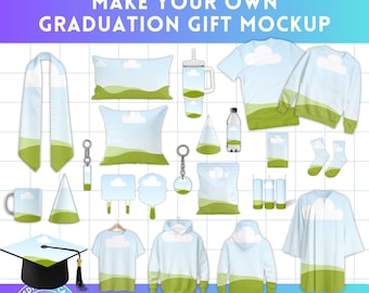 Canva Graduation Gift Set Mockup Bundle - Editable Canva Frame Template - Easy Drag and Drop - Grad Paddle Fan, Stole, Cap Topper, Tumbler