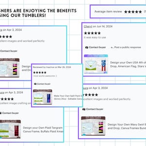 May include: A collage of customer reviews for a product featuring images of colorful, patterned tumblers. The reviews highlight the quality of the images and the ease of use. The text includes the names of the reviewers, the dates of the reviews, and the star ratings.