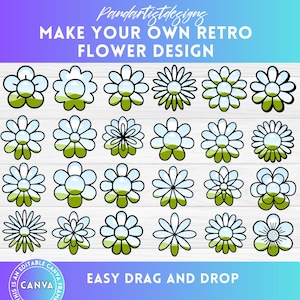 Retro Flowers Bundle, Daisy Flower Clipart, Boho Hippie Flower, Editable CANVA Frame, Easy Drag and Drop,  Floral PNG, Sublimation Template