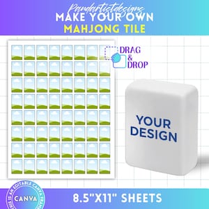 Könnte beinhalten: Ein weißer Mahjong-Stein mit dem Text "YOUR DESIGN" neben einem Blatt mit Landschaftsbildern. Der Text "MAKE YOUR OWN MAHJONG TILE" steht oben, mit den Texten "DRAG & DROP" und "CANVA".