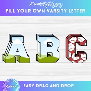 Fill your own Hollow Varsity Letters & Number on Canva with Easy Drag and Drop - CANVA Frames Bundle - Fillable Alphabet -College Sport Font