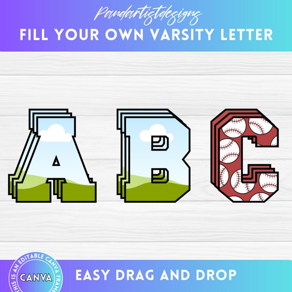 Fill your own Hollow Varsity Letters & Number on Canva with Easy Drag and Drop - CANVA Frames Bundle - Fillable Alphabet -College Sport Font