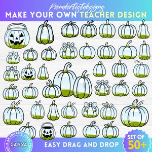 May include: A collection of over 50 pumpkin designs in various shapes and styles, including jack-o'-lanterns and pumpkins with bows. The image includes the text "MAKE YOUR OWN TEACHER DESIGN" and "EASY DRAG AND DROP".