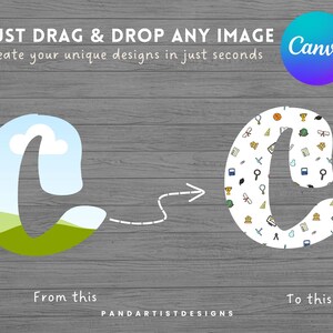 May include: A graphic design illustration showing a simple blue and green letter C with a cloud and hills inside, transforming into a letter C filled with colorful school-themed icons. The text "JUST DRAG & DROP ANY IMAGE Canva Create your unique designs in just seconds" is above the illustration. The text "From this" is below the first letter C and the text "To this" is below the second letter C.