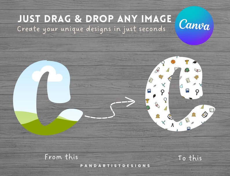 May include: A graphic design illustration showing a simple blue and green letter C with a cloud and hills inside, transforming into a letter C filled with colorful school-themed icons. The text "JUST DRAG & DROP ANY IMAGE Canva Create your unique designs in just seconds" is above the illustration. The text "From this" is below the first letter C and the text "To this" is below the second letter C.
