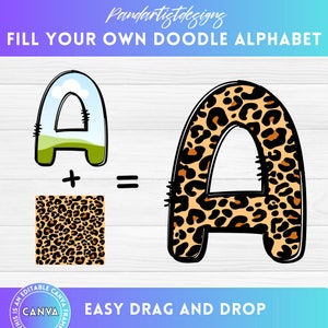 Canva Frames Doodle Alphabet, Fill your own Uppercase Letters & Number, Drag and Drop, Fillable Hand-drawn font PNG Scribble,Editable Design