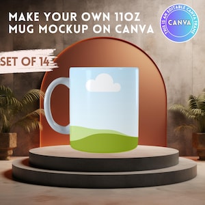 Op de afbeelding: Een witte keramische mok mockup, ongeveer 312 ml, met een blauwe lucht en groen landschap. De mok staat op een gelaagde standaard. Tekst bovenaan luidt "MAKE YOUR OWN 11OZ MUG MOCKUP ON CANVA". Een badge zegt "THIS IS AN EDITABLE CANVA FRAME".
