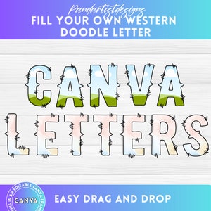 Rellena tus propias letras Doodle Western en CANVA con la sencilla función de arrastrar y soltar - Marcos de Canva editables - Letras del alfabeto Cowboy Digital Alphaset PNG