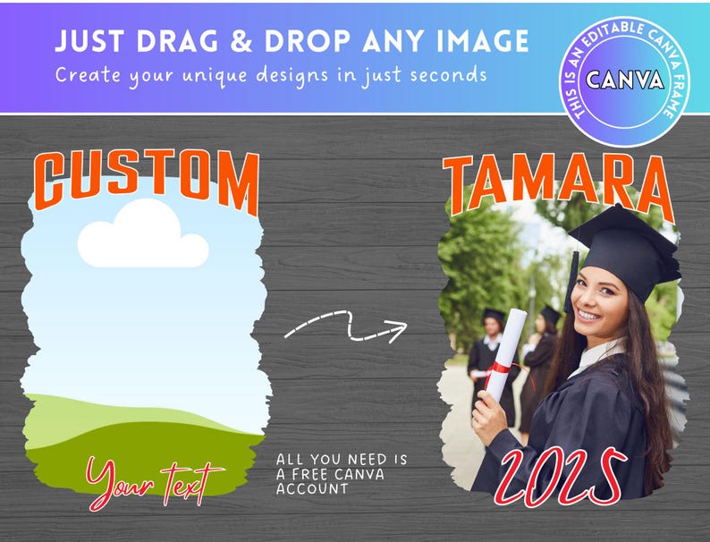 Puede incluir: Una plantilla de anuncio de graduaci&oacute;n personalizable con un cielo azul, hierba verde y una nube blanca. La plantilla tiene el texto "CUSTOM" en naranja y el texto "Your Text" en negro. La plantilla tambi&eacute;n tiene un espacio reservado para una foto de gorro y bata de graduaci&oacute;n con el texto "TAMARA" en naranja y "2025" en rojo.