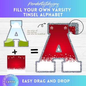 Julglitter Varsity-bokstäver och siffror Canva-rampaket - Dra och släpp - Sublimeringstypsnitt, alfabetet png - Sport, college, jul png