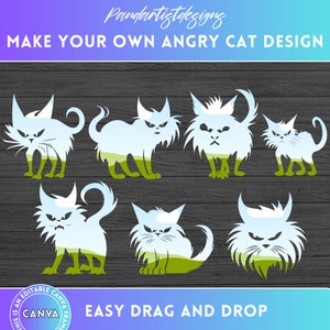 Make Your Own Angry Cat Design on CANVA - Canva Frame bundle - Easy Drag and Drop - Digital Silouhette PNG - Cute Grumpy Cats - Pets