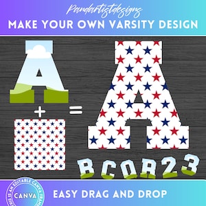 Fill your own Varsity College Letter & Numbers on CANVA - Drag and Drop - University Sport Canva Frame Bundle - Digital Alphabet Letter PNG