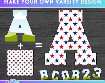 Preencha suas próprias letras e números da faculdade no CANVA - Arraste e solte - Pacote de molduras para esportes universitários no CANVA - Alfabeto digital com letras PNG