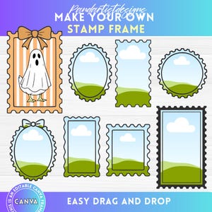 Puede incluir: Diseños digitales de marcos de sellos en varias formas, incluyendo ovalados, rectangulares y circulares. Un marco presenta una ilustración de fantasma. El texto dice "Make Your Own Stamp Frame" y "Easy Drag and Drop".
