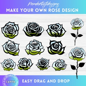 May include: A set of 12 black and white rose illustrations with green leaves. The roses are in various styles and sizes, with some having a light blue gradient. The text "MAKE YOUR OWN ROSE DESIGN" is at the top of the image. The text "EASY DRAG AND DROP" is at the bottom of the image.