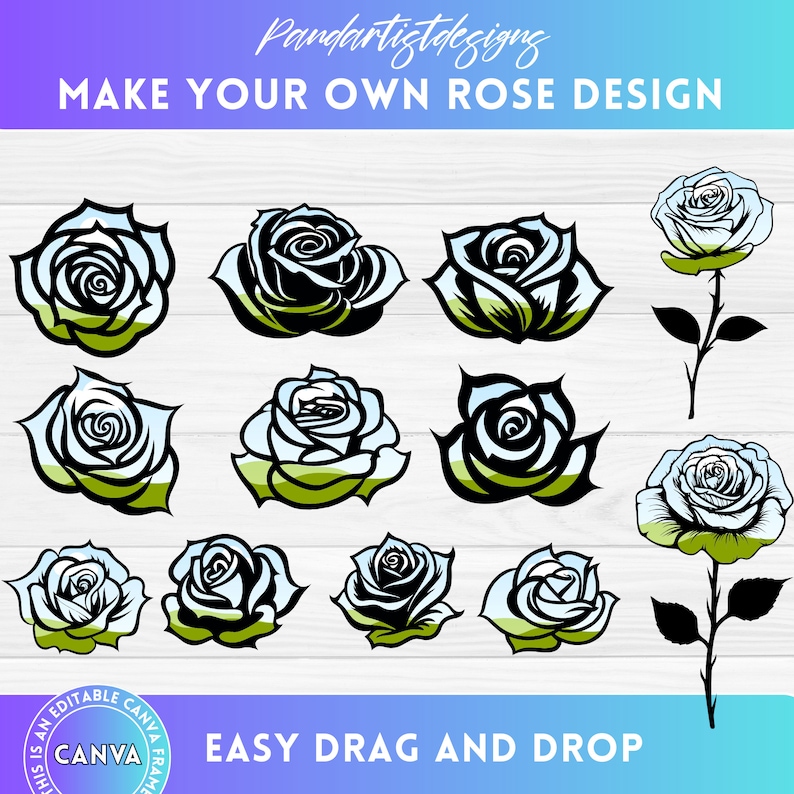 May include: A set of 12 black and white rose illustrations with green leaves. The roses are in various styles and sizes, with some having a light blue gradient. The text "MAKE YOUR OWN ROSE DESIGN" is at the top of the image. The text "EASY DRAG AND DROP" is at the bottom of the image.