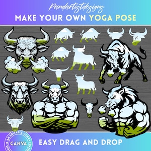 May include: A selection of bull illustrations in black, white, and green, featuring different poses and designs. The image includes the text "MAKE YOUR OWN YOGA POSE" and "EASY DRAG AND DROP". Ideal for digital art and design.