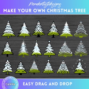 May include: A set of 18 black and white Christmas tree illustrations with various designs. The trees are on a woodgrain background. The text "MAKE YOUR OWN CHRISTMAS TREE" and "EASY DRAG AND DROP" are at the top and bottom of the image.