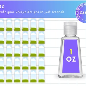 Może przedstawiać: Zestaw 24 drukowanych etykiet do butelek z płynem do dezynfekcji rąk o pojemności 30 ml. Etykiety mają zielony, niebieski i biały wz&oacute;r krajobrazu. Na etykiecie nadrukowany jest tekst "1 OZ".