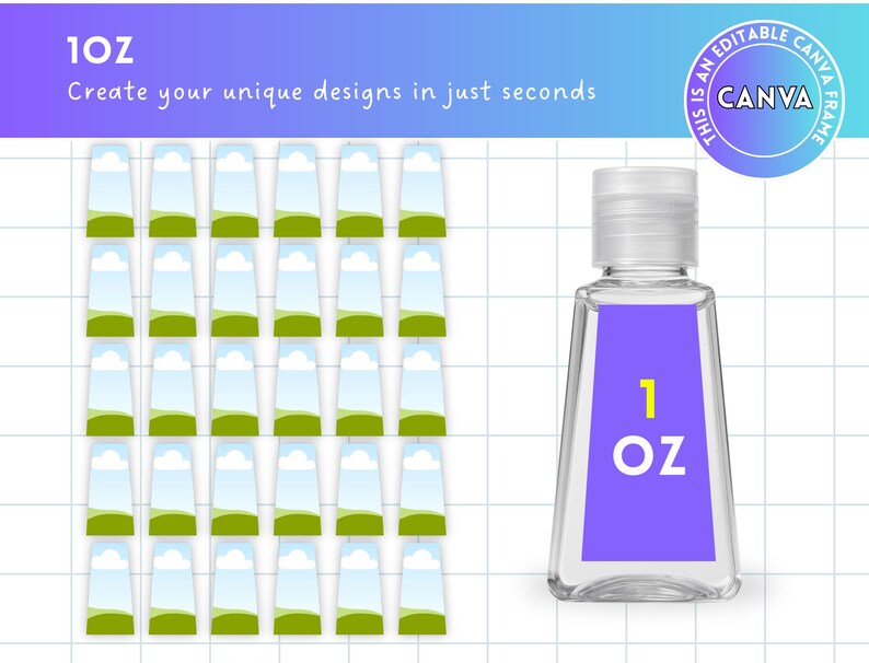 Może przedstawiać: Zestaw 24 drukowanych etykiet do butelek z płynem do dezynfekcji rąk o pojemności 30 ml. Etykiety mają zielony, niebieski i biały wz&oacute;r krajobrazu. Na etykiecie nadrukowany jest tekst "1 OZ".