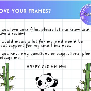 Pu&ograve; includere: Un'illustrazione digitale di un panda su uno sfondo bianco. Il panda sta salutando con la zampa destra. Il testo "LOVE YOUR FRAMES?" &egrave; in alto nell'immagine. Il testo "HAPPY DESIGNING!" &egrave; in basso nell'immagine. Ci sono due piante di bamb&ugrave; su entrambi i lati del panda.