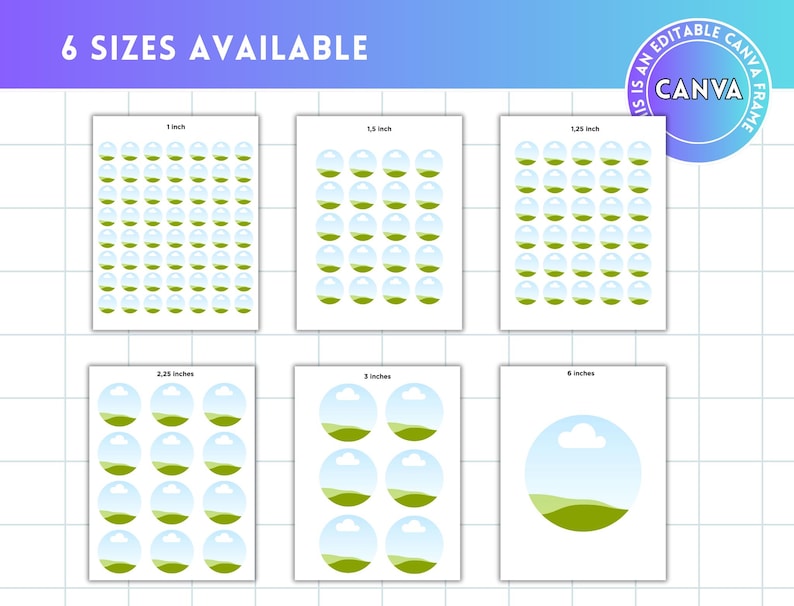 May include: Six different sizes of printable stickers featuring a green hill, blue sky, and white cloud design. The stickers are available in 1 inch, 1.25 inches, 1.5 inches, 2.25 inches, 3 inches, and 6 inches.