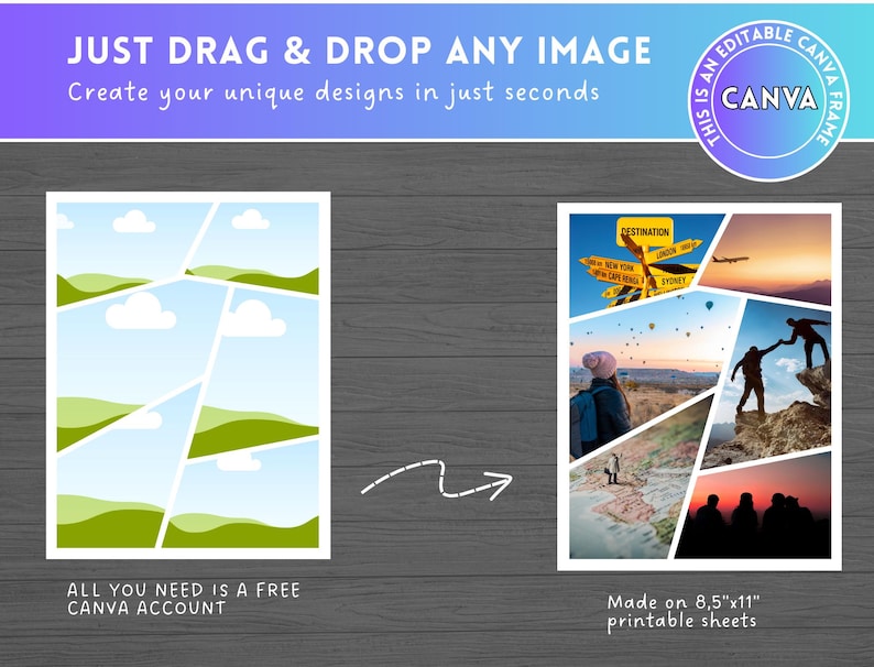 May include: A graphic design template with the text "JUST DRAG & DROP ANY IMAGE Create your unique designs in just seconds". The template includes two sample designs, one with a landscape and the other with travel photos. The text "ALL YOU NEED IS A FREE CANVA ACCOUNT" is also included.