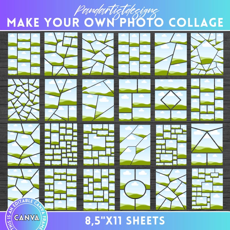 May include: A selection of photo collage templates with diverse geometric layouts. Each template showcases a unique arrangement of photo frames, set against a landscape backdrop. The text "MAKE YOUR OWN PHOTO COLLAGE" and "8.5"X11 SHEETS" are visible.