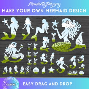Può includere: Un set di immagini di silhouette di sirene in varie pose, tra cui una sirena che tiene una stella, una sirena con un fiore nei capelli e una sirena con una conchiglia. Le immagini sono su uno sfondo a grana di legno. Il testo "Make Your Own Mermaid Design" e "Easy Drag and Drop" sono anche inclusi nell'immagine.