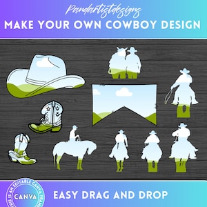 Peut inclure: Un modèle de conception numérique pour créer un design sur le thème du cow-boy. Le modèle comprend un chapeau de cow-boy, des bottes, une bannière et plusieurs cowboys à cheval. Le texte "MAKE YOUR OWN COWBOY DESIGN" et "EASY DRAG AND DROP" est inclus dans la conception. La conception est faite pour être utilisée avec Canva.