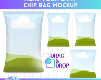 Maqueta de bolsa de papas fritas (plantilla editable de Canva), maqueta de recuerdo de fiesta, paquete de marcos de Canva, fácil de arrastrar y soltar, bolsa de papas fritas personalizada (juego de 4 maquetas)
