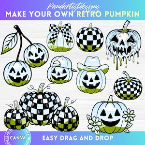 May include: A collection of retro-style pumpkin designs with various patterns and accessories. The pumpkins feature smiling faces and are decorated with checkered patterns, hats, and bows. Text on the image reads "MAKE YOUR OWN RETRO PUMPKIN" and "EASY DRAG AND DROP".